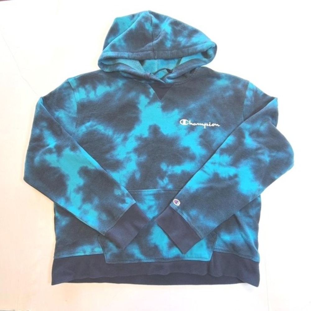 Champion Mens XL Blue Black Tie Dye Pullover Hoodie Logo Sweatshirt Streetwear